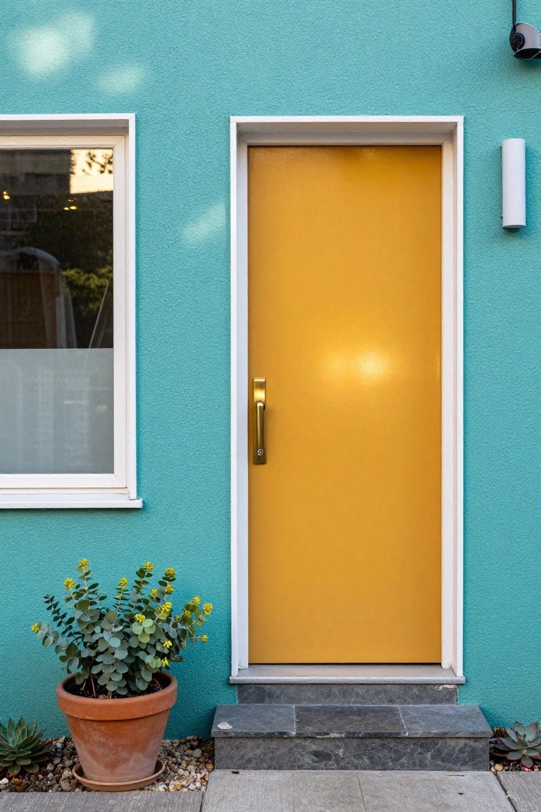 Turquoise stucco house exterior featuring a bright yellow front door with gold handle, white-framed window to the left, potted silver dollar eucalyptus plant, small succulent, slate entry steps, and gravel path.