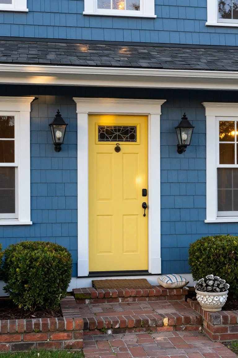 Blue shingle siding house with yellow front door featuring stained glass panel, white trim around door and flanking windows, black lanterns, boxwood shrubs, brick steps, and potted plants at the entry.