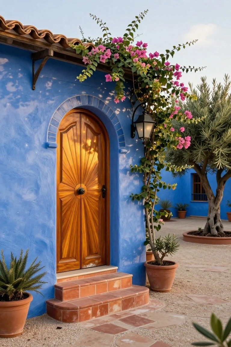 Blue stucco exterior wall with arched wooden front door, pink bougainvillea vines climbing nearby, lantern light, potted plants, steps, and olive trees in a courtyard setting.