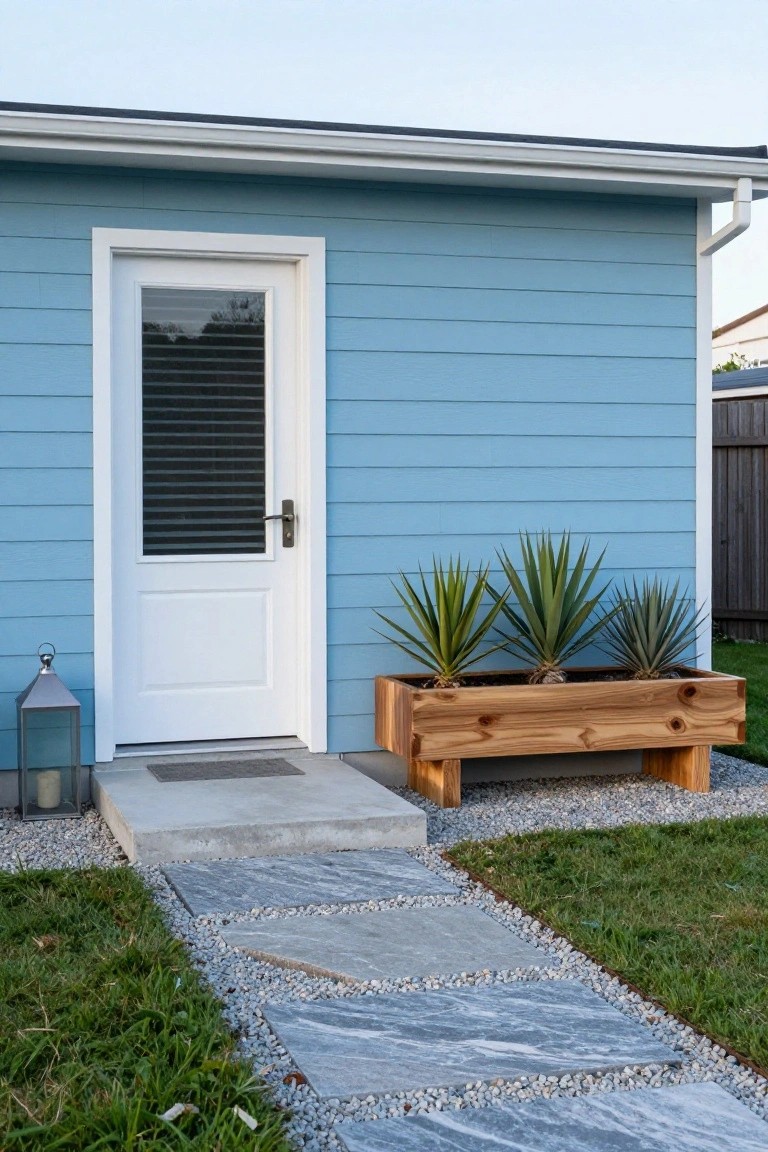Blue-sided small building exterior with white shuttered door, wooden planter box holding three agave plants, metal lantern, concrete step, and gray stone pathway on gravel beside grass lawn.