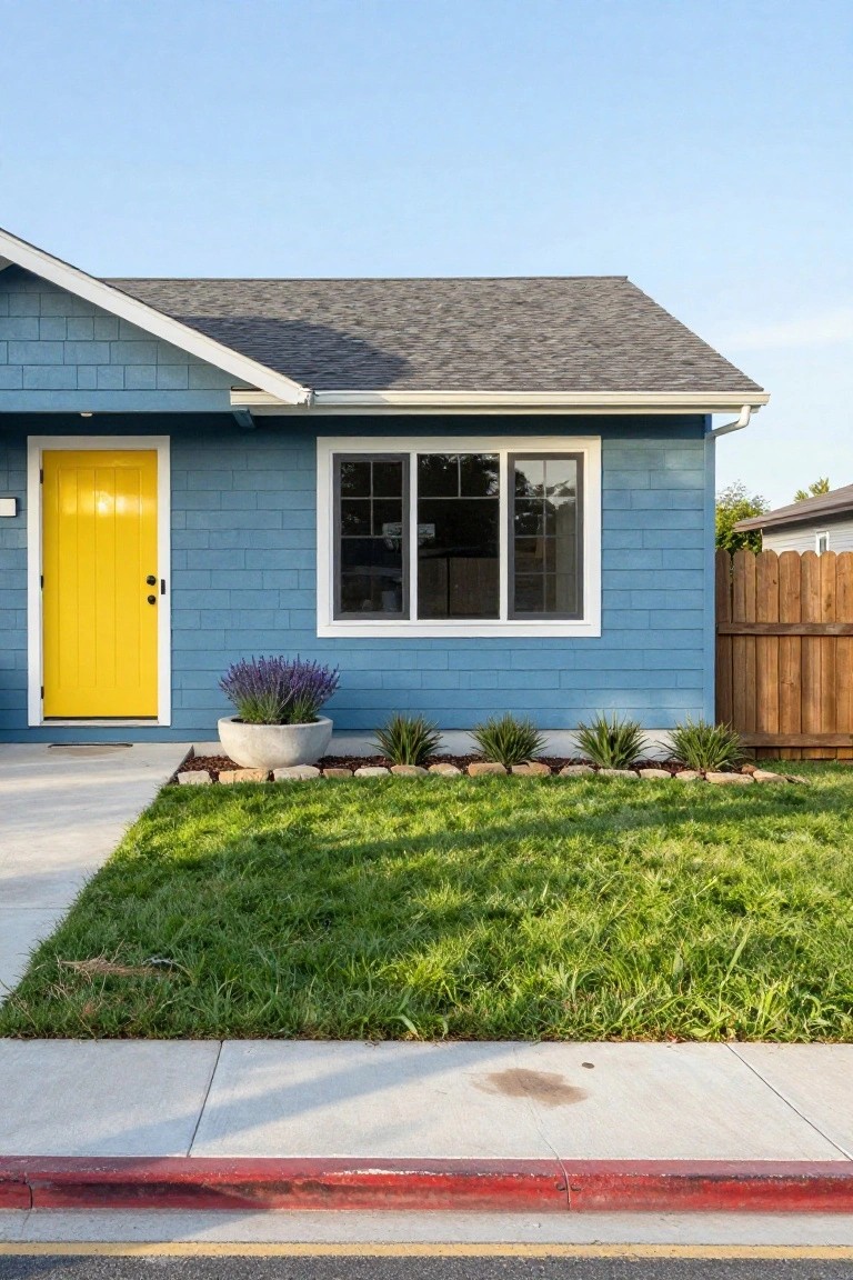 Light blue shingle-style house exterior with yellow front door, white-trimmed window, potted lavender plant, small shrubs, green lawn, wooden fence, and concrete sidewalk.