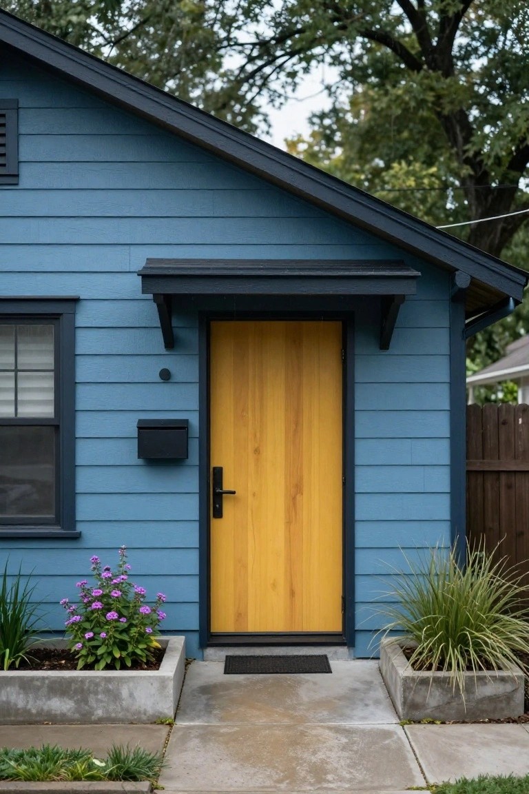 Blue house exterior with a yellow door, black accents, and colorful plants.