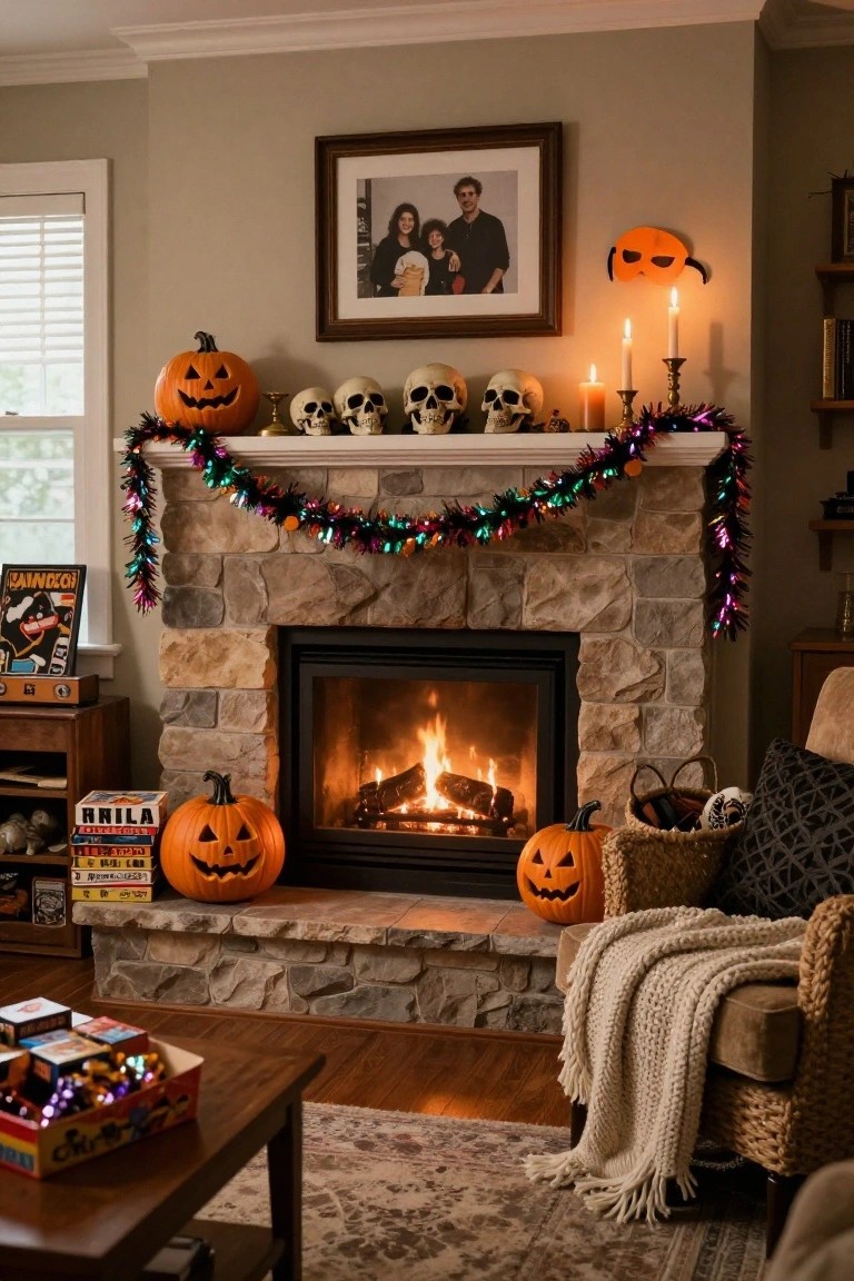 Attic sewing room with skylight, Halloween garland of felt pumpkins and ghosts, wooden craft table holding sewing machine, stuffed pumpkin, and jars of supplies.