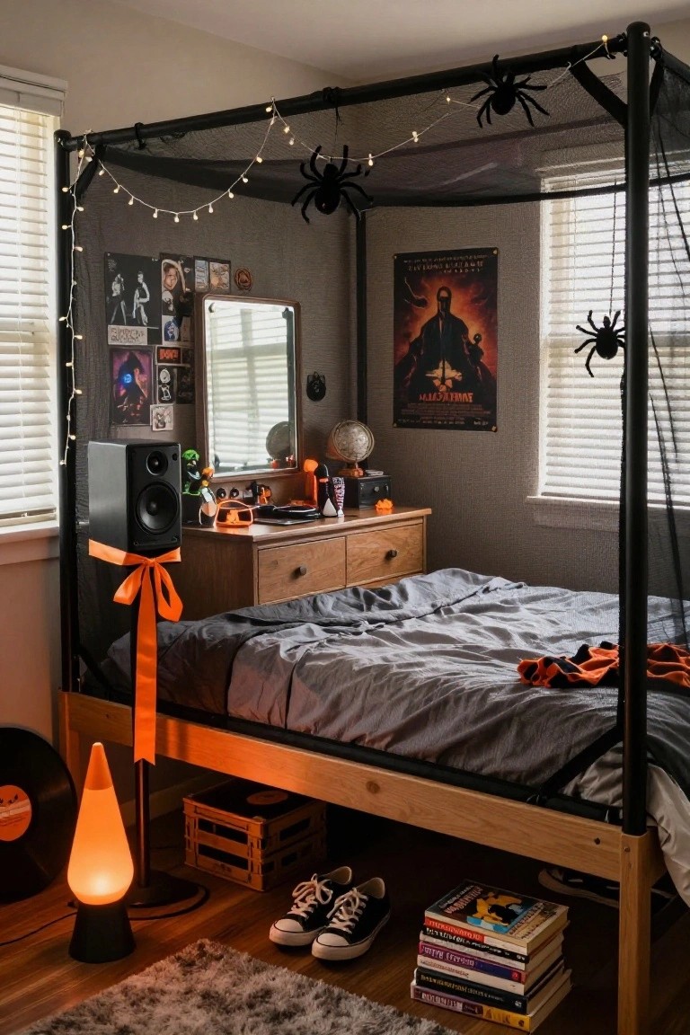 Child's bedroom with Halloween decorations including a glowing lava lamp and ghost figurine on a bedside table, orange gingham bedding, Halloween posters on walls, books and candy tray on the floor, and small pumpkins.