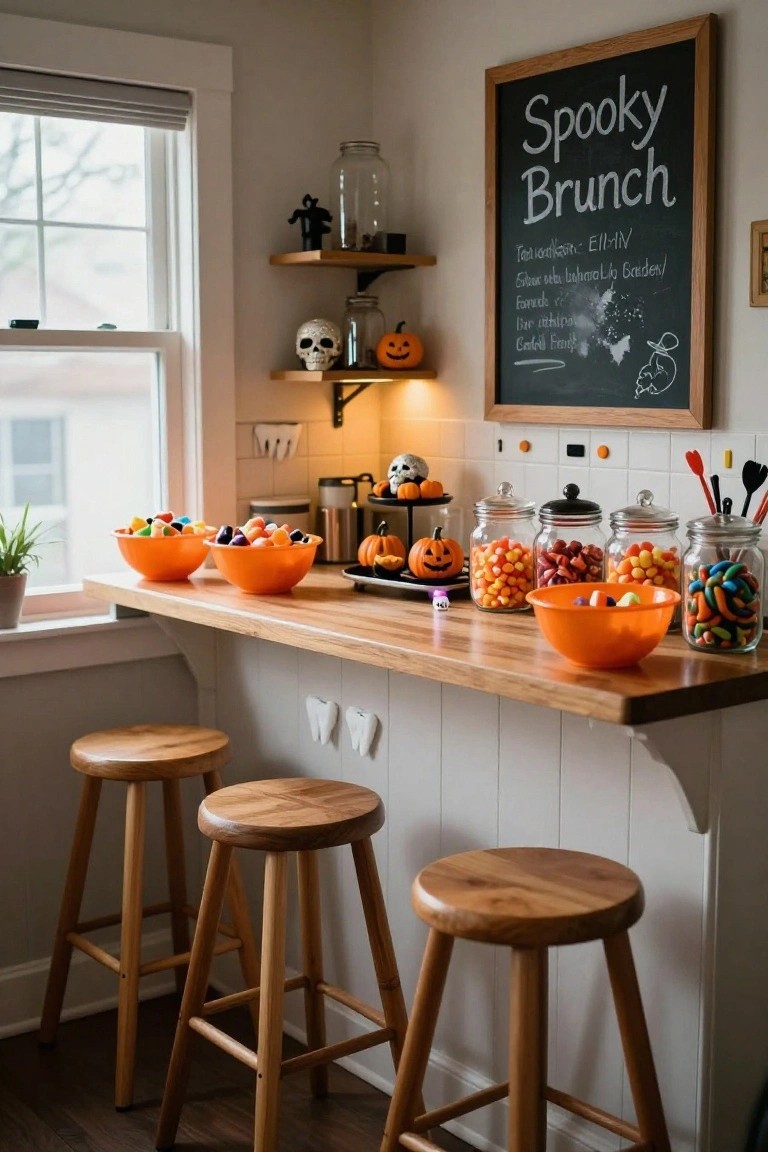 Indoor corner with black wicker loveseat on orange striped cushions, black trunk table topped with stacked magazines, potted plants on shelves, hanging orange jack-o-lantern lantern, and floor pumpkins.
