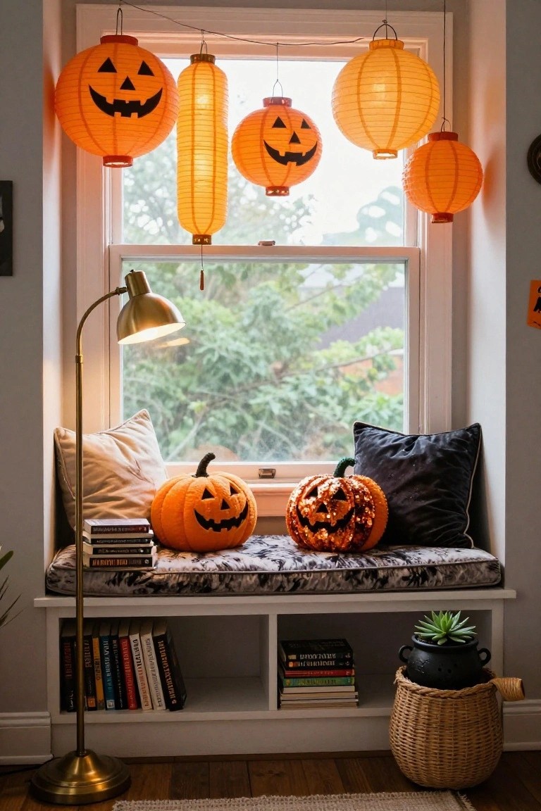 A small bathroom with dark textured walls decorated with black bat and spider silhouettes, a round black-framed mirror, white pedestal sink, black shelf holding a soap dispenser and orange jack-o-lantern, and hanging towels.