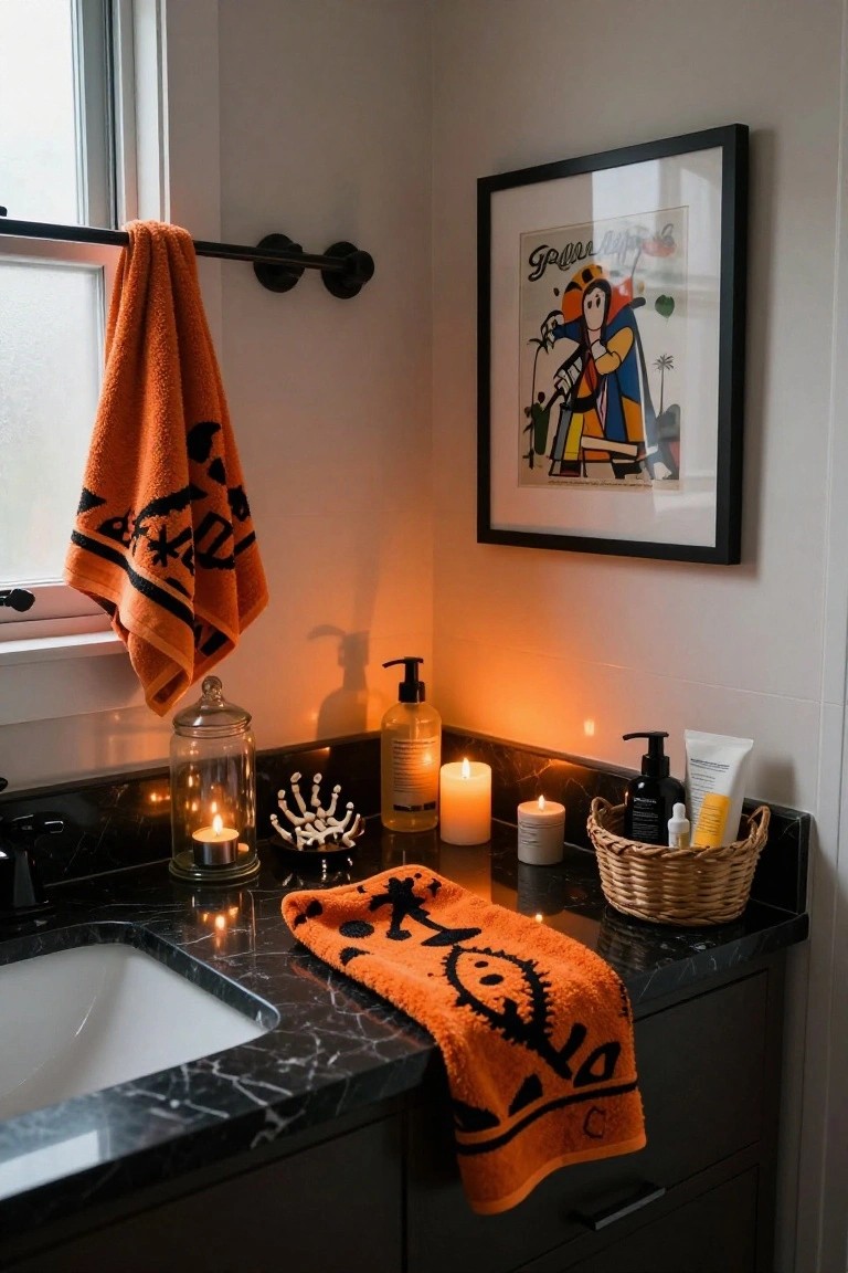 Wooden console table in a beige entryway near white stairs holds stacked books, jack-o-lanterns with feather toppers, and candles, with more lit pumpkins on the floor and a mirror above.