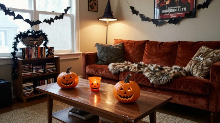 Living room with Halloween decorations featuring carved jack-o-lantern pumpkins and a bowl of candy corn on a wooden coffee table, black leather sofa with orange blanket, bookshelves, skull prop, and witch hat on lamp.