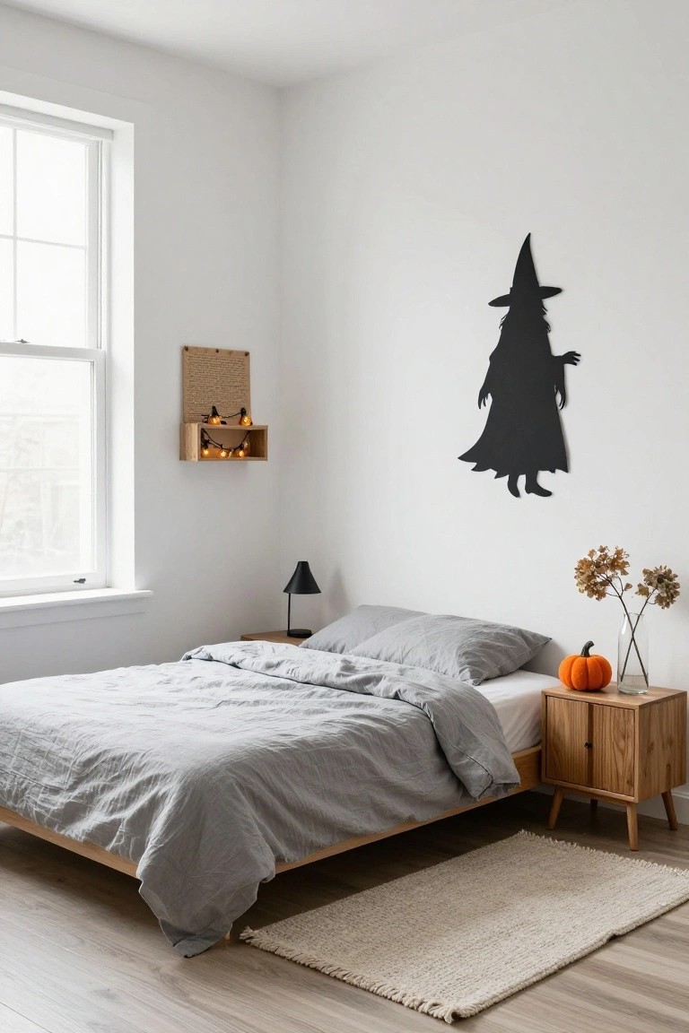 White wooden crib in a light gray nursery corner with Halloween decorations including a felt pumpkin mobile, bat-patterned knit blanket, jack-o-lantern books on a shelf, and wicker baskets on the wall.
