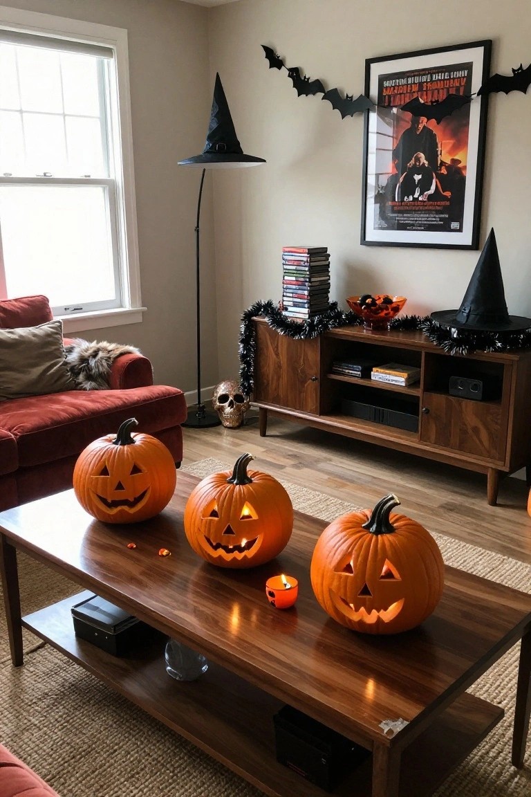 Living room with Halloween decorations featuring carved jack-o-lantern pumpkins and a bowl of candy corn on a wooden coffee table, black leather sofa with orange blanket, bookshelves, skull prop, and witch hat on lamp.