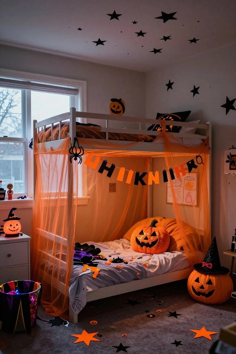 Kitchen island countertop holding two small carved jack-o-lantern pumpkins, one large plain pumpkin, a bowl of purple candies, and a bowl of orange candies, with Halloween decorations including an orange blender and spider stickers on the fridge in the background.