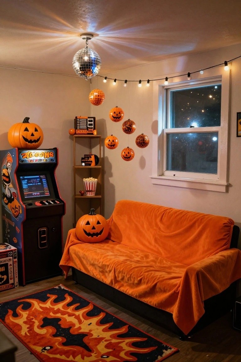 Wooden open shelves stocked with jars of snacks like nuts and trail mix, Halloween cereal boxes, small pumpkins, and string lights in a kitchen near a chalkboard door and stove.