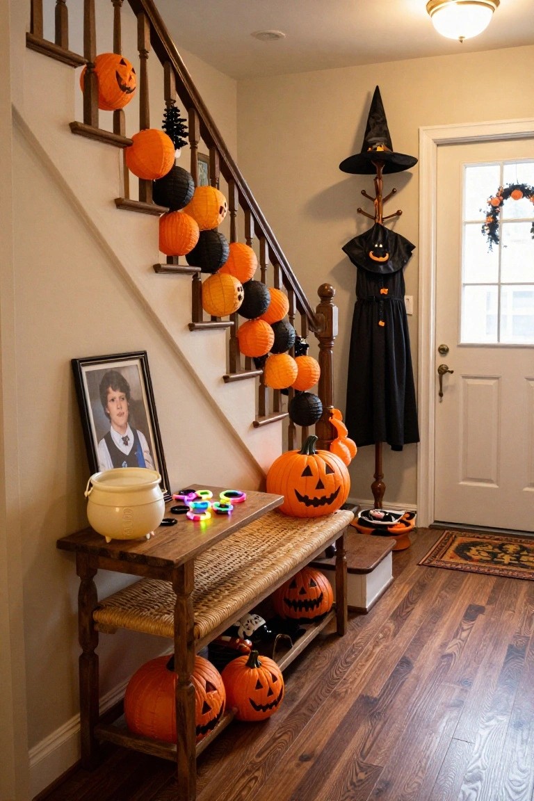 Wooden desk with vintage gray typewriter topped by carved pumpkin, stacks of books, small plants, additional pumpkins, and papers, paired with orange plaid chair, black metal shelf, and corkboard wall in gray room with window.