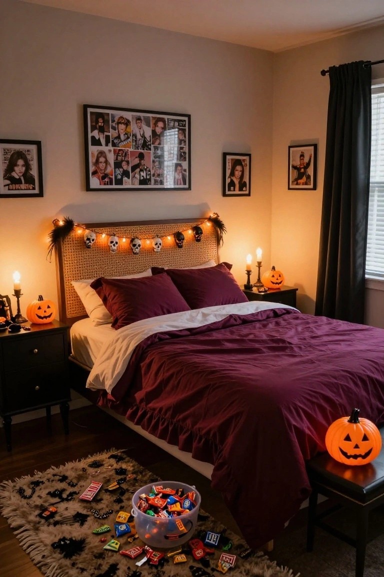 Black console table against white wall displays three carved glowing jack-o'-lanterns and pillar candles, with round metal mirror above strung with bunting flags, black-and-white band poster nearby, two more pumpkins on floor beside wicker basket.