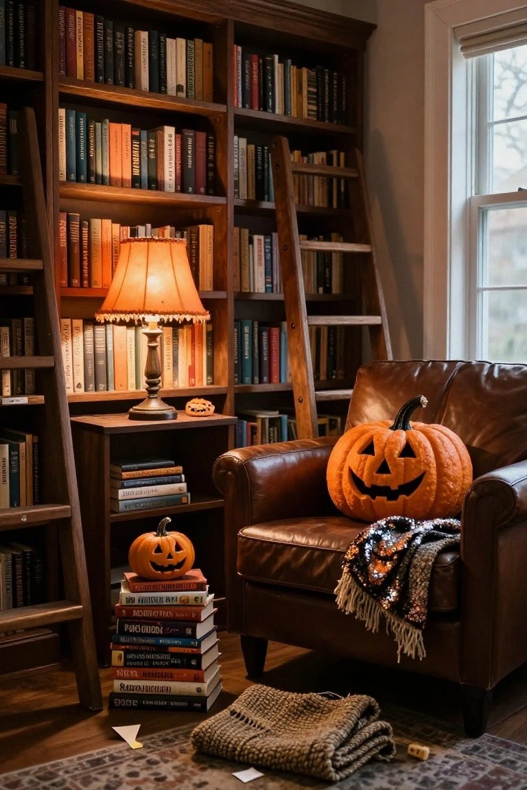 Wooden bookshelf unit with leaning ladder, two globe stands decorated with bat and pumpkin on top shelf, lit lamp, clock, small pumpkin, books, and leather armchair with throw in a gray-walled room corner.