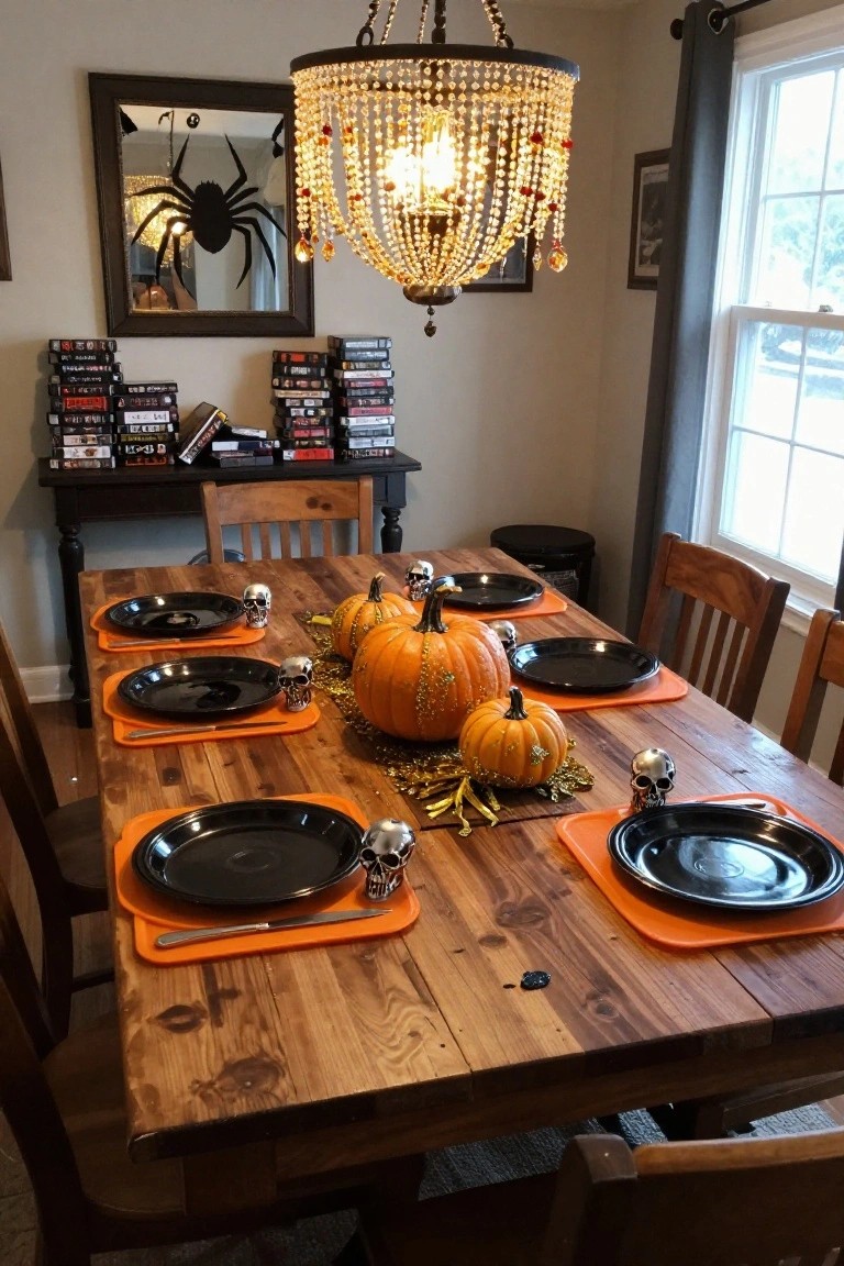 A black metal bed frame with orange LED strip lights underneath in a bedroom decorated for Halloween, featuring rock band and horror movie posters on the walls, jack-o-lantern lamps, a bowl of colorful candy on the bed, and a purple bean bag chair.