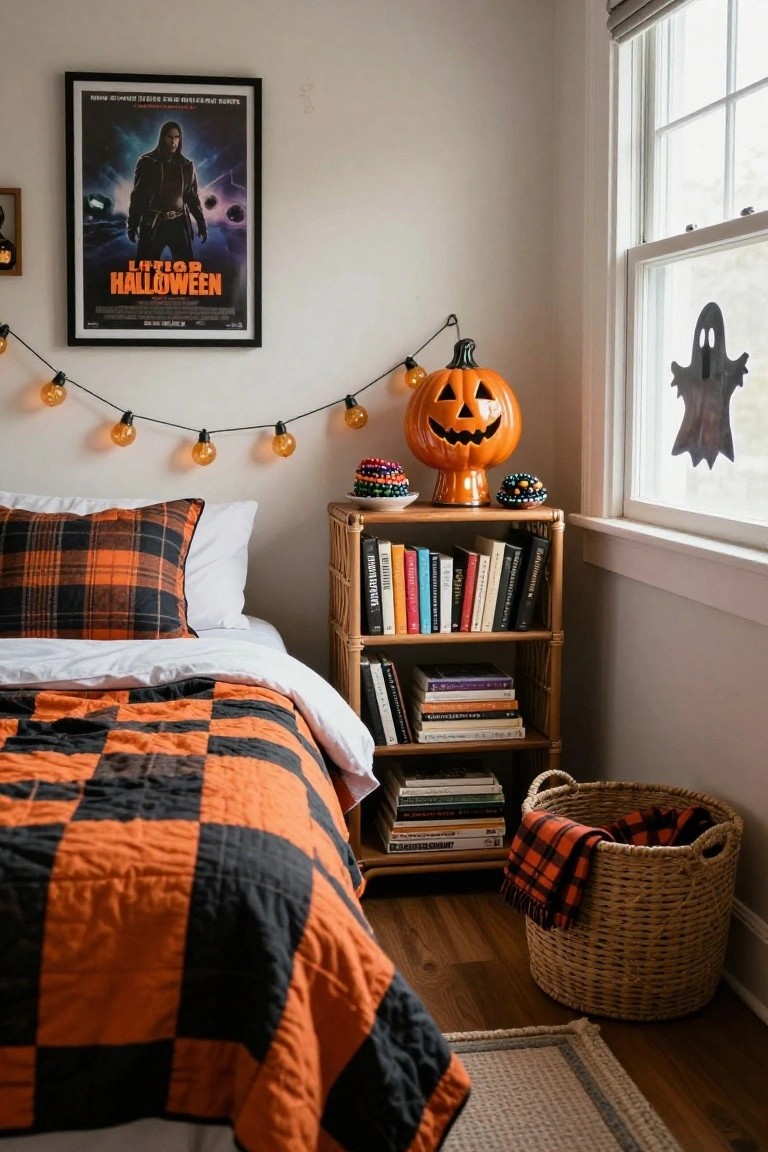 Wooden dining table in a cozy room set for Halloween dinner with orange-black plaid runner, moss-covered pumpkins, black taper candles, white plates featuring spiderweb designs, and wooden chairs.