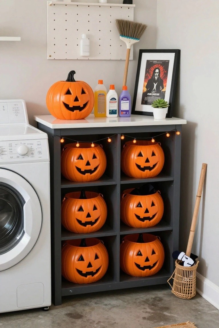 Cozy indoor dining area with a white round retro table holding a pedestal bowl of red apples, four orange leather chairs around it, a wooden-framed chalkboard menu listing Halloween specials on the wall, orange string lights, and a window with plants.