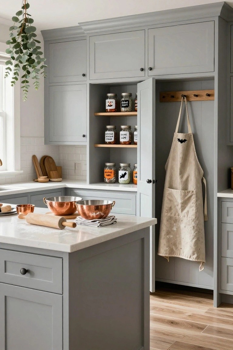 Wooden kitchen countertop with several black ceramic bowls, white round gourds on a bamboo tray, white crescent moon sculpture, and beige tea towel printed with black bat hanging from gray cabinet door, shoji screen window showing garden view.