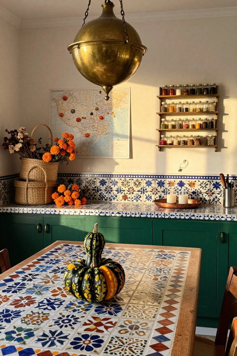 Cream kitchen with copper hood, blue tiles, wooden cutting board holding loaves of seeded bread, black cat patterned towel draped on oven door, wooden ladder by farmhouse sink, potted plants, and lavender bundles on counter and floor.