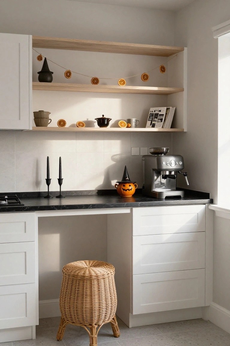 Modern black kitchen with matte cabinets, white quartz island and counters, black bar stools, black pumpkins on the white hexagonal tile floor near the island, and Halloween-labeled bottles on the counter.