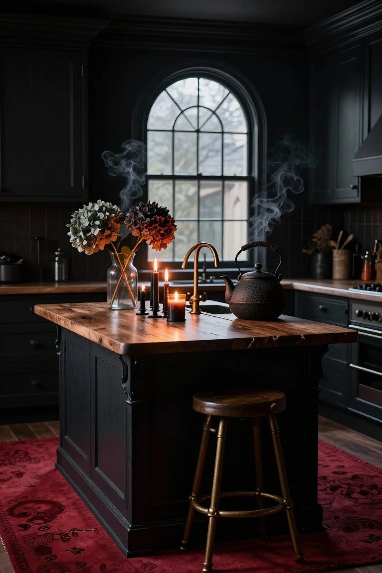 Orange kitchen cabinets and open shelves filled with Halloween candy jars, jack-o-lanterns, and pumpkins, with bat garlands on the window, a tiered stand of spiderweb cookies on the white countertop, and a bowl of colorful candies beside a black monster dishtowel.