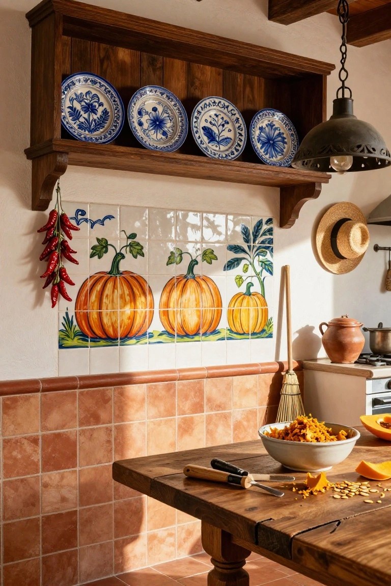 Kitchen corner with white shaker cabinets, copper farmhouse sink, marble countertops, green island, plaid bench back with orange pillows, pumpkins on surfaces, cinnamon sticks on cutting board, and wheat wreaths hanging on wall.