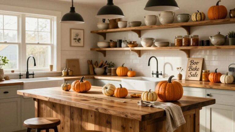 25 Fun Halloween Kitchen Decor Ideas to Cook Up the Spirit Sage green kitchen with white subway tile backsplash, wooden island topped with small pumpkins and leaves, Witch's Brew chalkboard sign, brass pendant lights, and rattan stools.