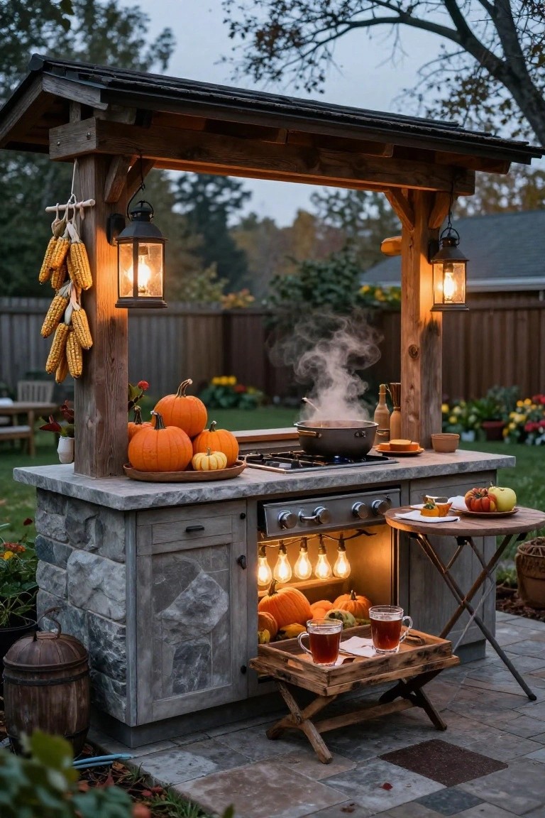 A wooden dining table in a white kitchen set for Halloween with small carved pumpkins and candles under glass cloches, red apples, black napkins on white plates, and wooden chairs around it.