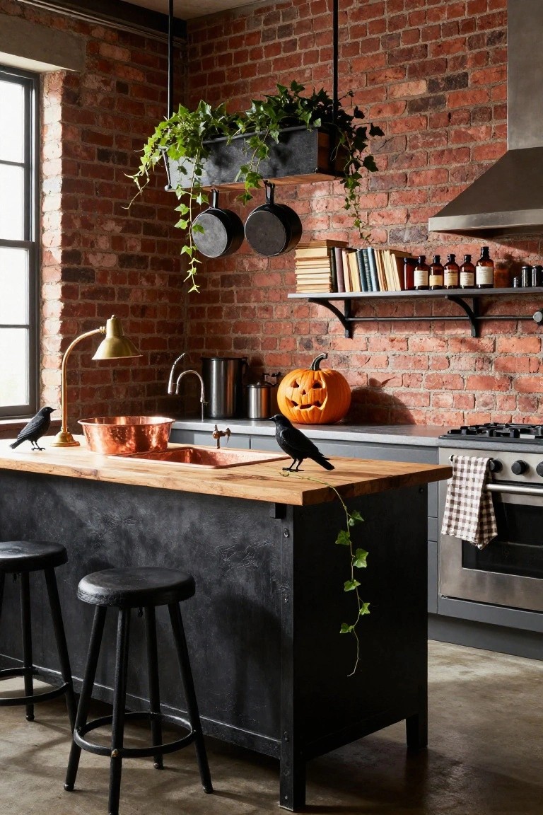 Kitchen counter with gray concrete pot featuring black bat designs holding rosemary plant, burlap runner with bat appliques, copper measuring cups and spoons, wooden board with two orange pumpkins, blue cabinets, white subway tiles, and window with herb plants.