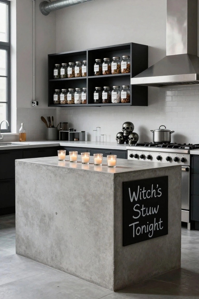 Kitchen corner with white subway tile walls, wooden open shelves holding orange dishes and various Halloween pumpkins including jack-o-lanterns, counter with orange pots and a bowl of pumpkins, black bat clock on wall, and orange towel on cabinet.