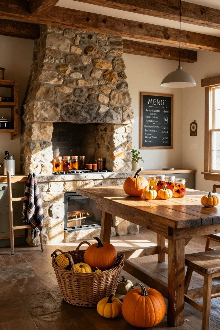 Modern white kitchen with orange pumpkins clustered near a white farmhouse sink, black candles on the counter, a carved jack-o'-lantern, white cabinets, and a black stool on marble-look tile floor.