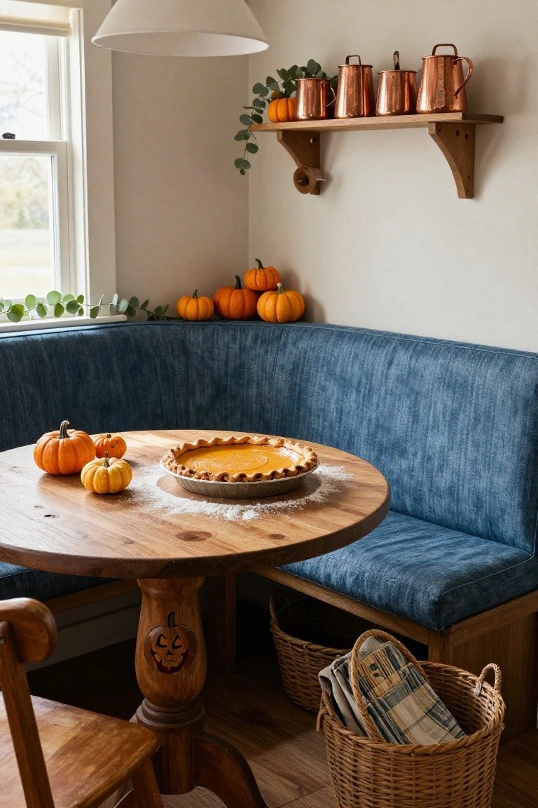 Modern kitchen with walnut cabinets, terrazzo countertop, orange and black faux pumpkins, candy bowl, vintage radio, and potted plant near sink.