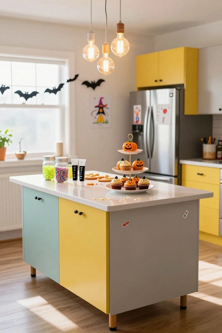 Purple kitchen cabinets with copper mugs on shelves, gray cushioned window seat under arched window with two cream bat pillows and small white pumpkins, wooden table nearby holding pumpkins and eucalyptus.