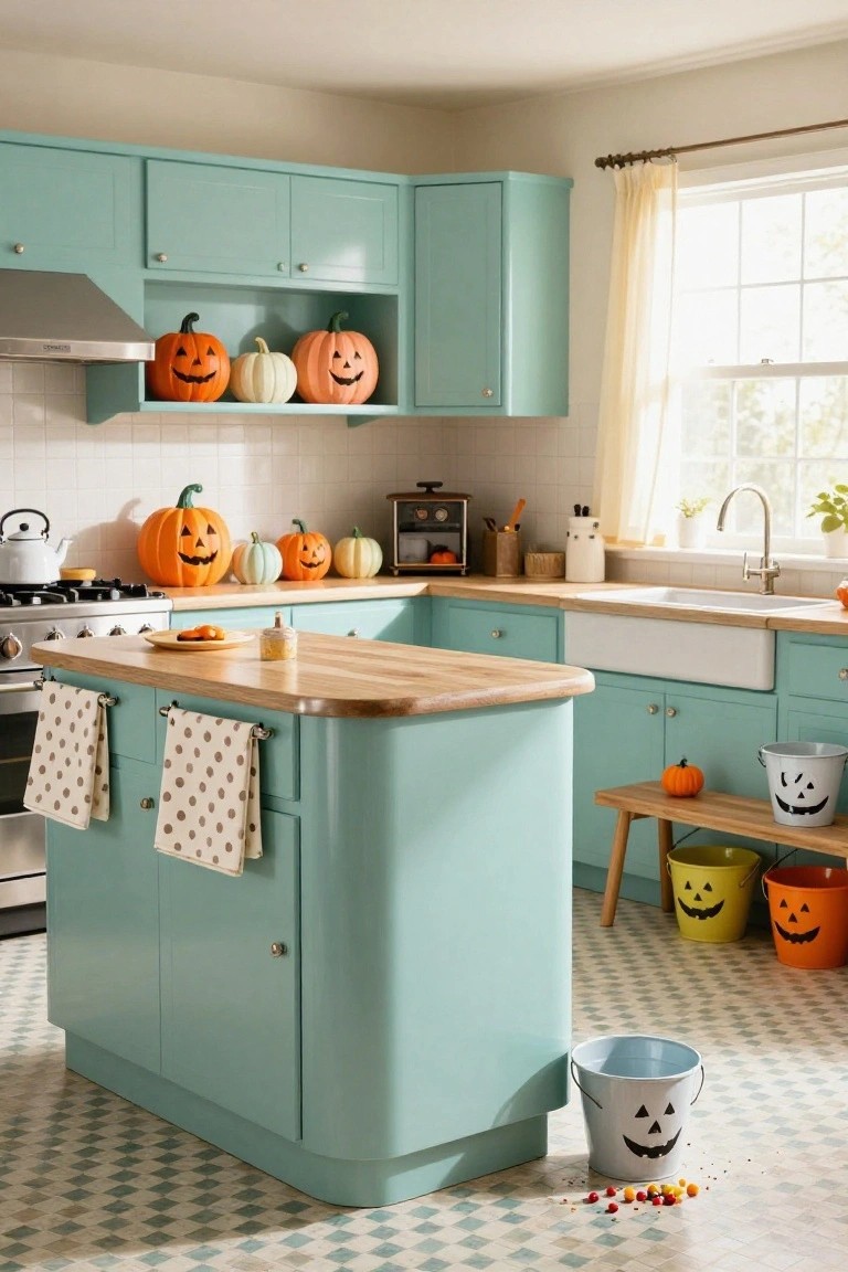 Modern white kitchen with black sink, garland of black paper bats hanging across the window, white smiling ghost figure with black witch hat on windowsill, white cups, and plate of small pumpkins on counter.