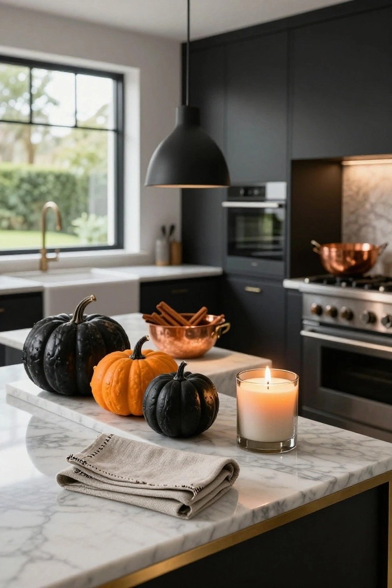 Industrial kitchen featuring exposed brick walls, large windows, wooden island with copper pots, concrete bar stools, stainless steel appliances, chalkboard menu, and a white skull with trailing green plant on a tiled shelf near the stove.