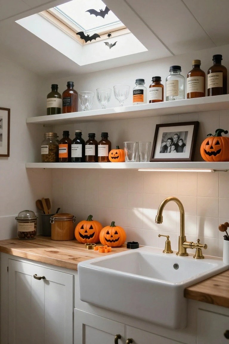 Kitchen corner with navy cabinets featuring open wooden shelves holding jars of nuts and a white pumpkin, a ceramic owl and basket of small white pumpkins on the marble countertop, white subway tile backsplash, farmhouse sink with gold faucet, and window with natural light.