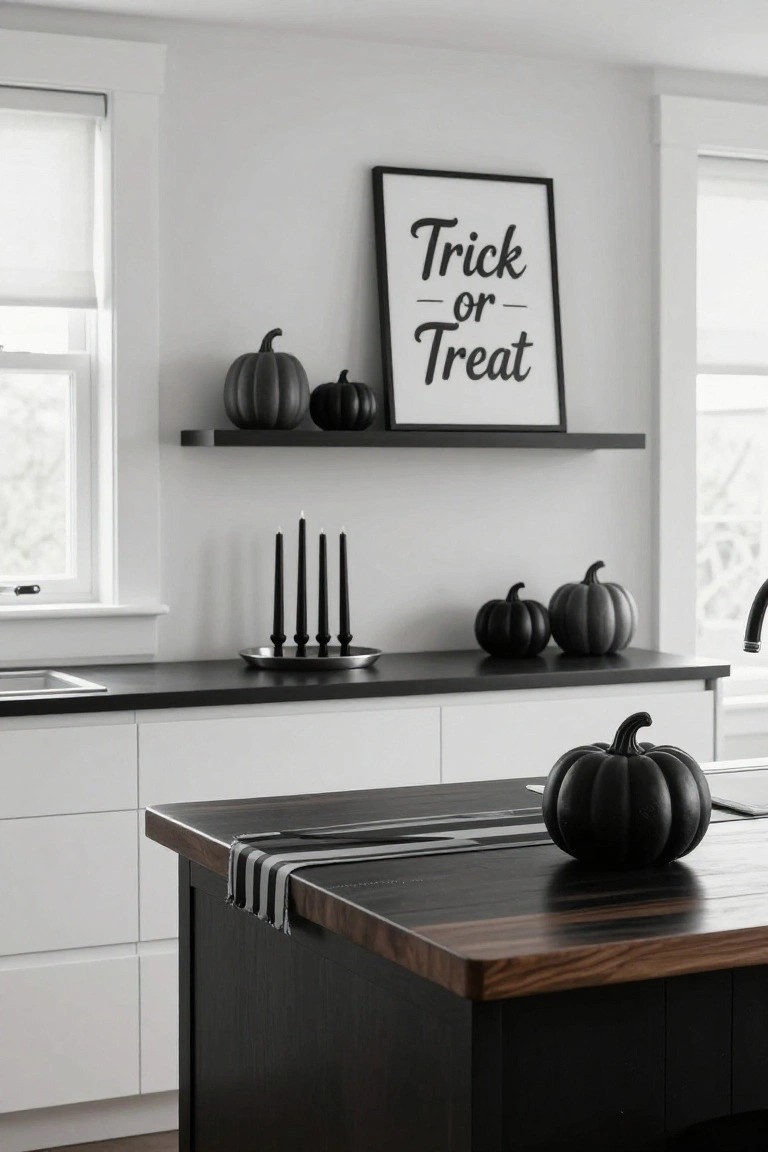 Corner kitchen setup with white pegboard wall and wooden shelves holding glass jars of spices and grains, pumpkins on a lower white rolling cart and shelf, wheat bundles, baskets, and Halloween spider web lantern.