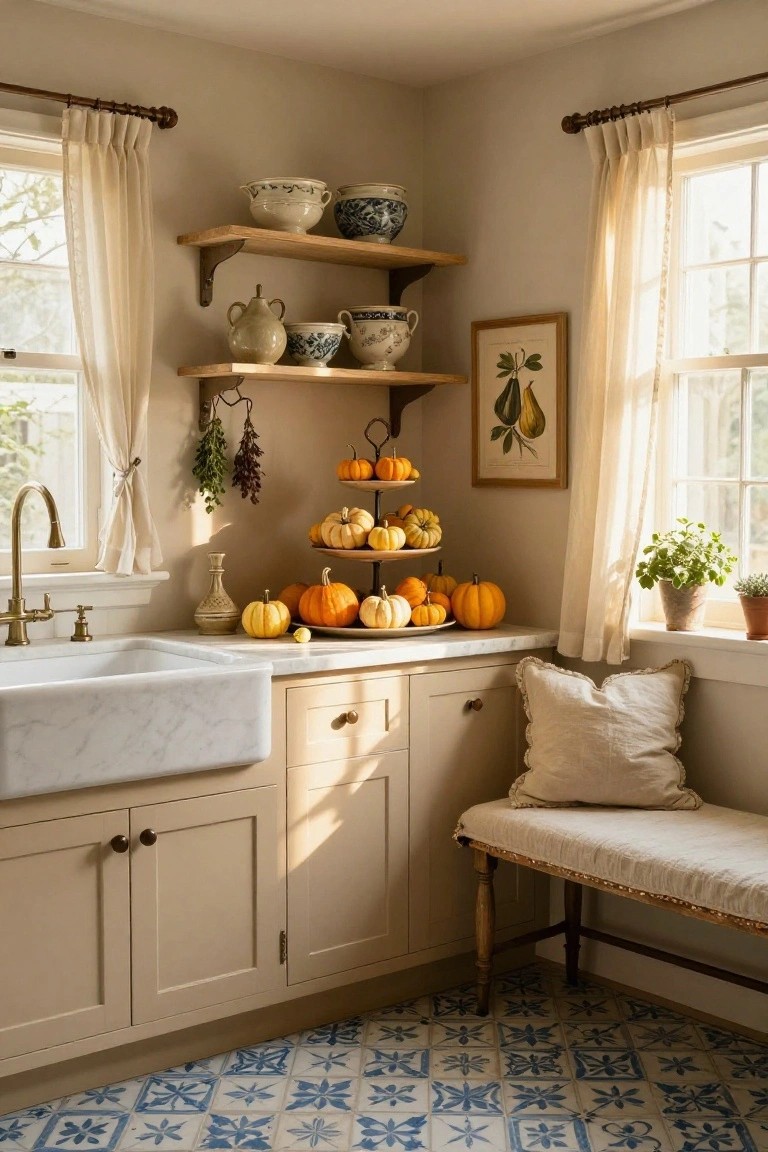 White kitchen with wood countertops and dining table, featuring mini pumpkins and plants under glass domes, hanging corn stalks above the stove, and fall decor near the window.
