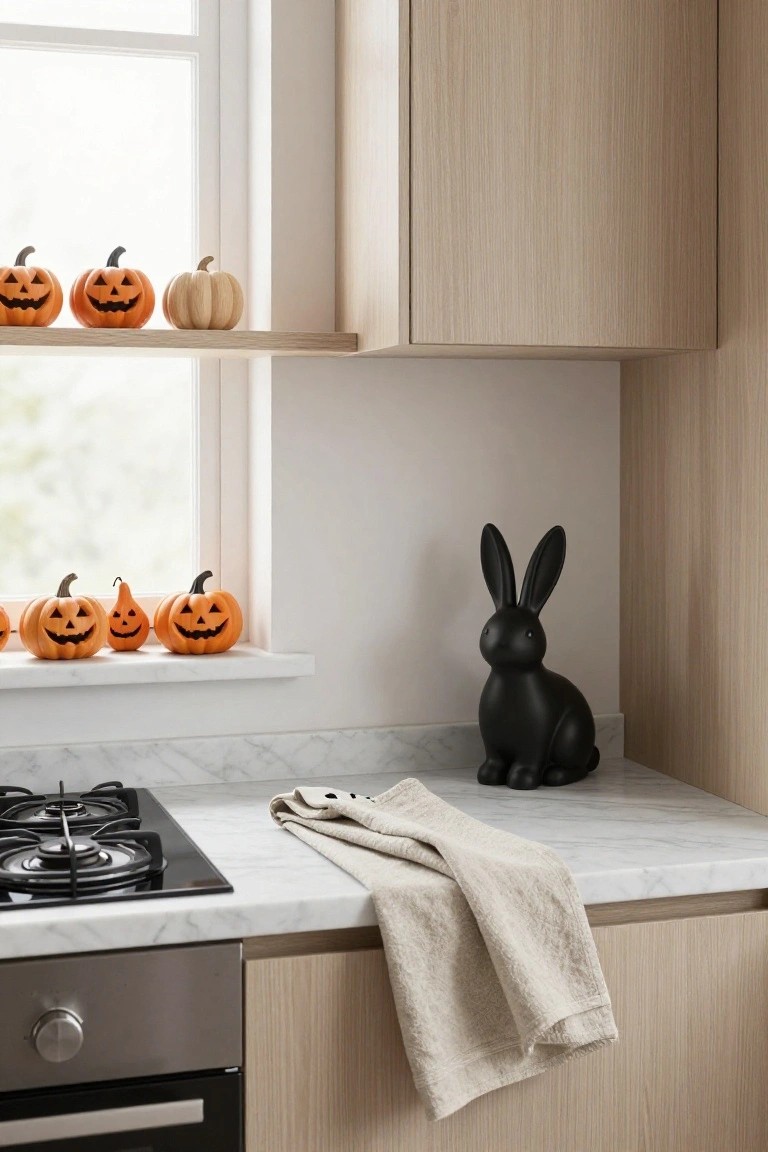 Modern white kitchen with gold espresso machine and grinder on marble island, paper pumpkin and ghost garland strung above cabinets,