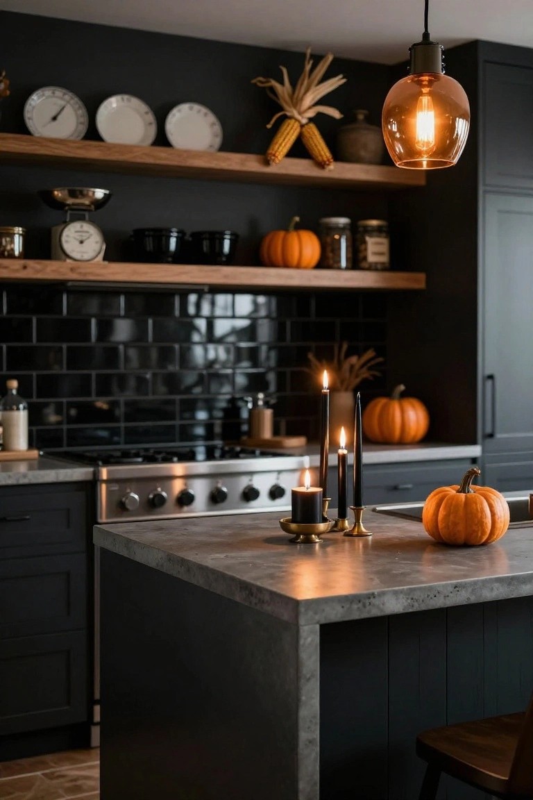 Kitchen corner with wooden rack holding copper pots and a cast iron pan on a rustic table, white tea towels embroidered with black spiders draped on table and hanging, carved jack-o-lantern pumpkin, burning candles, and white enamel mugs.
