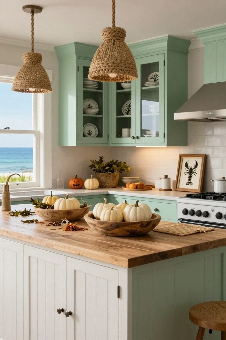 Corner of a teal-painted kitchen with glass-front upper cabinets displaying white dishes, white countertops holding a turquoise scale with oranges, two pumpkins, a black lace doily, and a black crow on a gold bracket mounted on the wall.