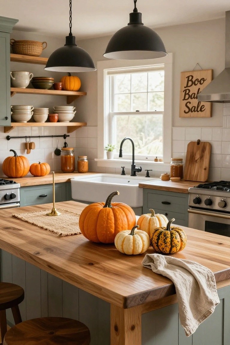 Sage green kitchen with white subway tile backsplash, wooden island topped with small pumpkins and leaves, Witch's Brew chalkboard sign, brass pendant lights, and rattan stools.