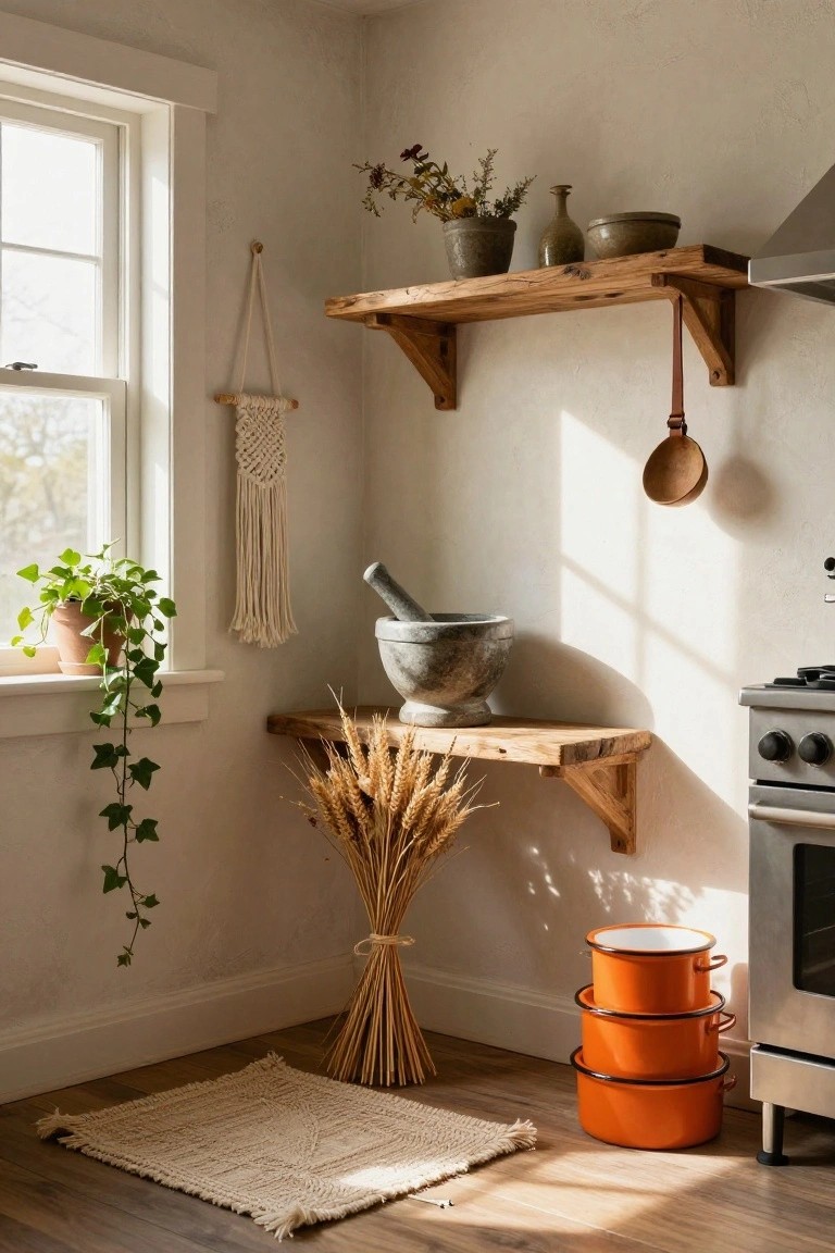 Dark kitchen interior with black cabinets, black marble island topped with black pumpkins and brass candelabra, black velvet stools, black teapot rack, lit candles, and Halloween artwork on the wall.
