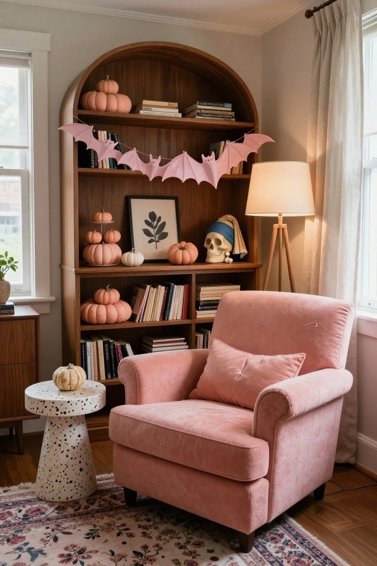 Arched wooden bookshelf in a light gray room decorated with stacked pink and white pumpkins, paper bat garland, books, a skull figurine, and a framed leaf print, next to a pink velvet armchair, dotted side table with a small pumpkin, tripod lamp, and Persian-style rug.