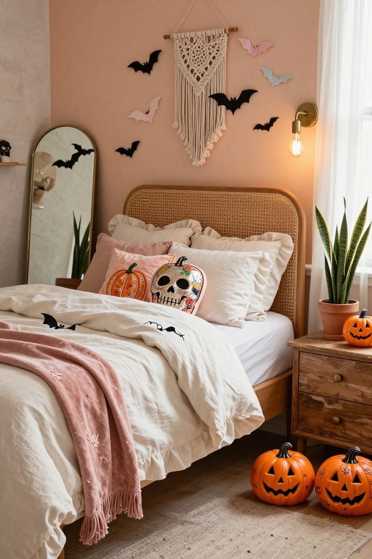 Blush pink bedroom with black bat cutouts on walls, rattan bed frame, white and pink bedding with Halloween skull and pumpkin pillows, snake plant, small pumpkins, and macrame hanging.