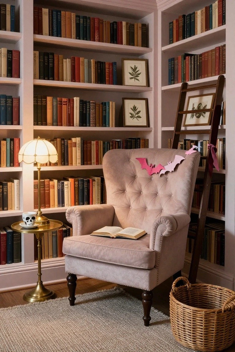 Blush pink upholstered armchair in a library room lined with bookshelves, decorated with pink paper bat garlands, next to a brass lamp and side table with a white skull mug.