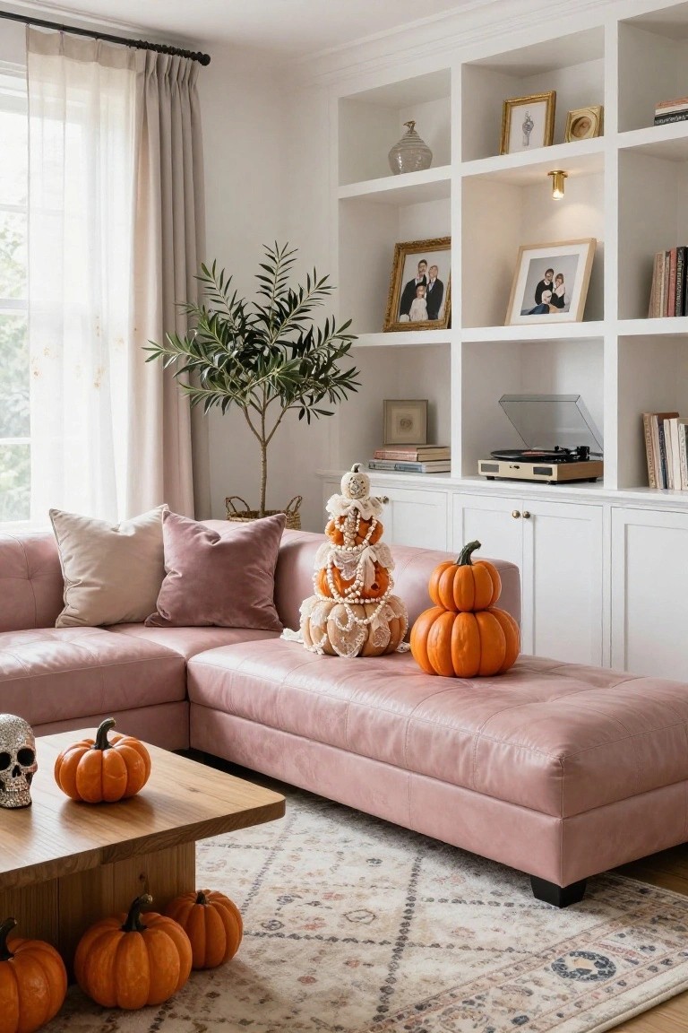 Blush pink L-shaped leather sofa in a living room with stacked orange pumpkins and a pearl-adorned doll on the cushions, small pumpkins on the coffee table and floor, white built-in shelves, olive tree, and sheer curtains by a window.