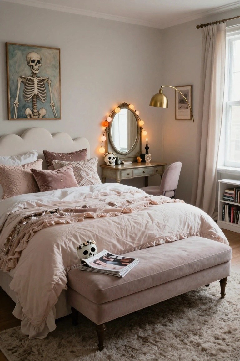 A bedroom with a white scalloped headboard, pink ruffled bedding and pillows, a gold-framed mirror vanity with skulls and candles, a skeleton painting on the wall, a pink bench with a magazine and skull, and beige walls with sheer curtains.
