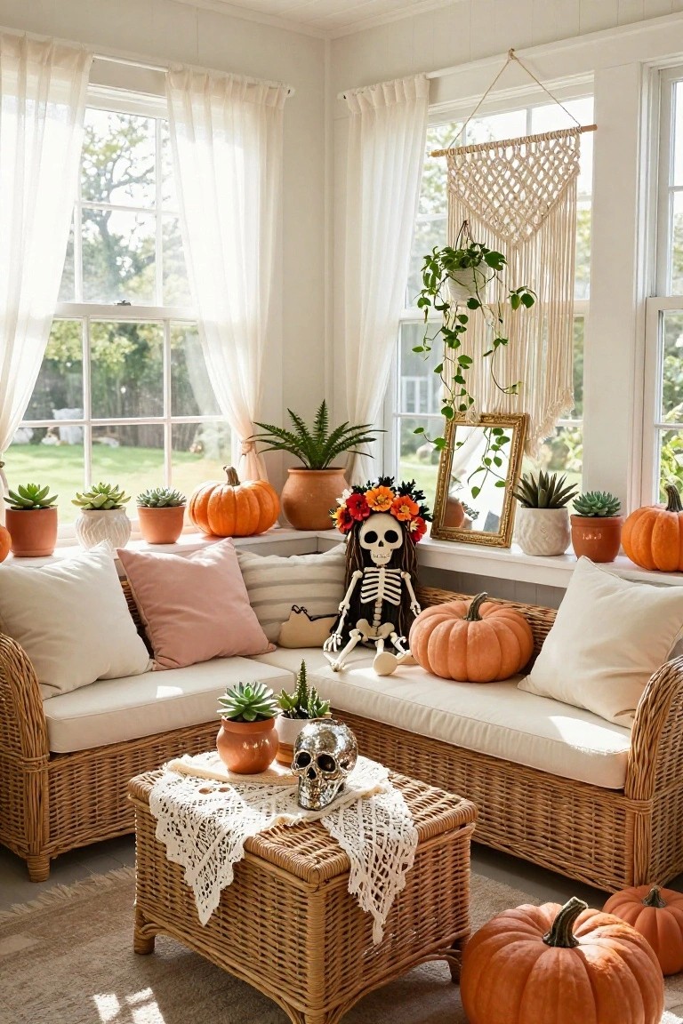 Sunlit white interior room with wicker sofa, armchair, coffee table, pillows, potted plants, pumpkins, skull props, and a skeleton doll on the windowsill.